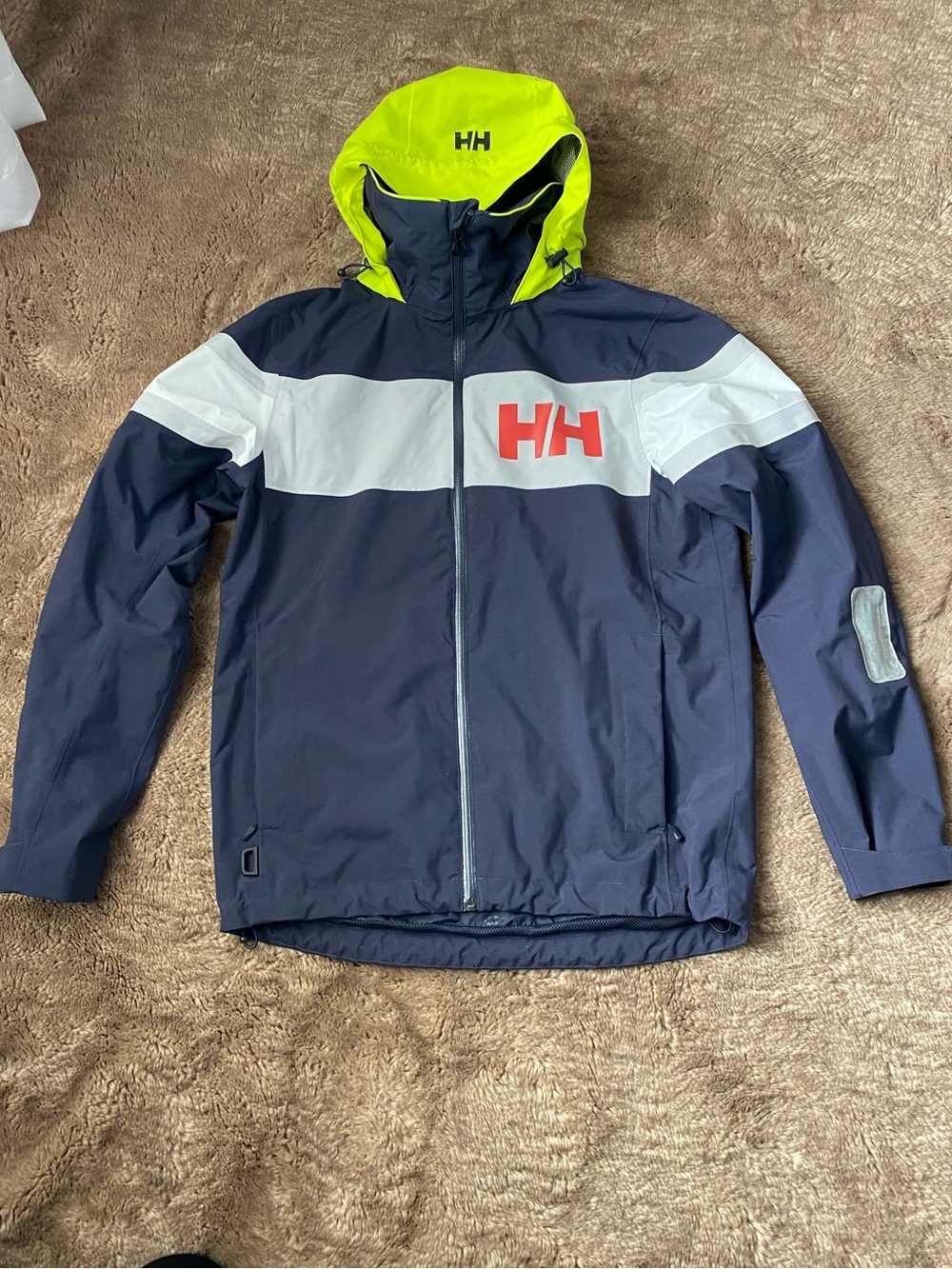 Helly Hansen Navy, White & Neon Yellow Hooded Raincoat with Red HH Logo